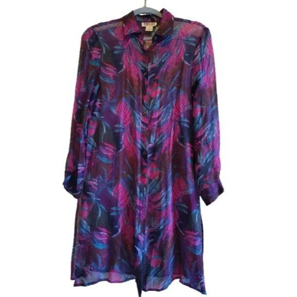 Robbie Bee 100% Silk Sheer Duster Shirt Dress Abstract Floral Purple Pink Size 6